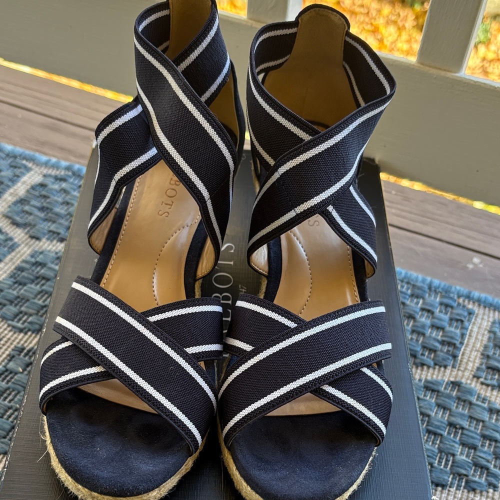 Talbots Lyndsay Indigo Blue and White Elastic Sandals 7 1/2 M